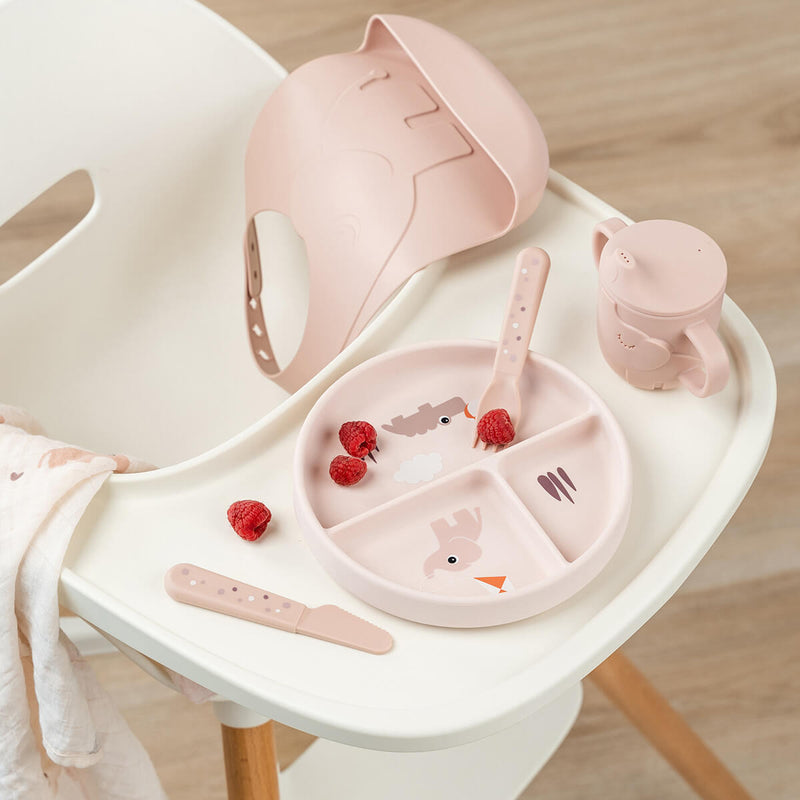 Done by Deer Stick&Stay compartment plate Playground Powder on a high chair