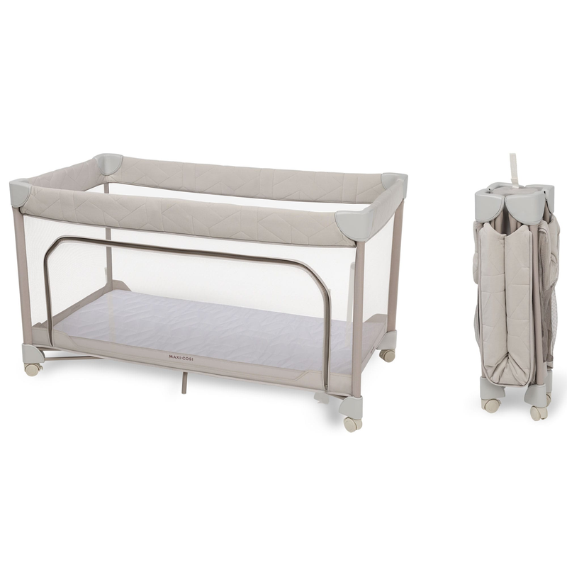Maxi-Cosi Merlin travel cot in Elegance Beige, open and folded