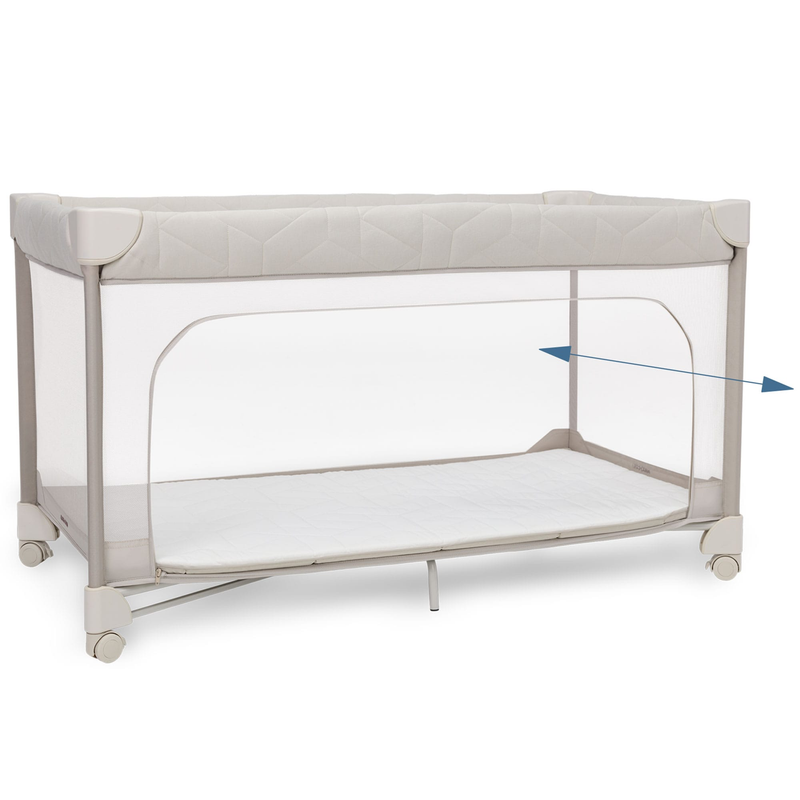 Maxi-Cosi Merlin travel cot in Elegance Beige with the side panel zipped open
